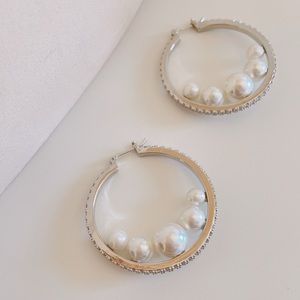 Silver zircon pearl hoops